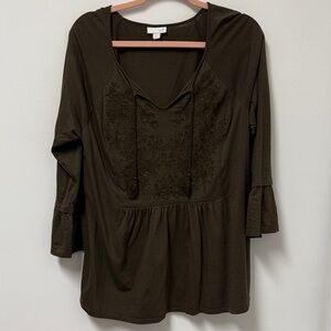 J. Jill Dark Brown Embroidered Blouse